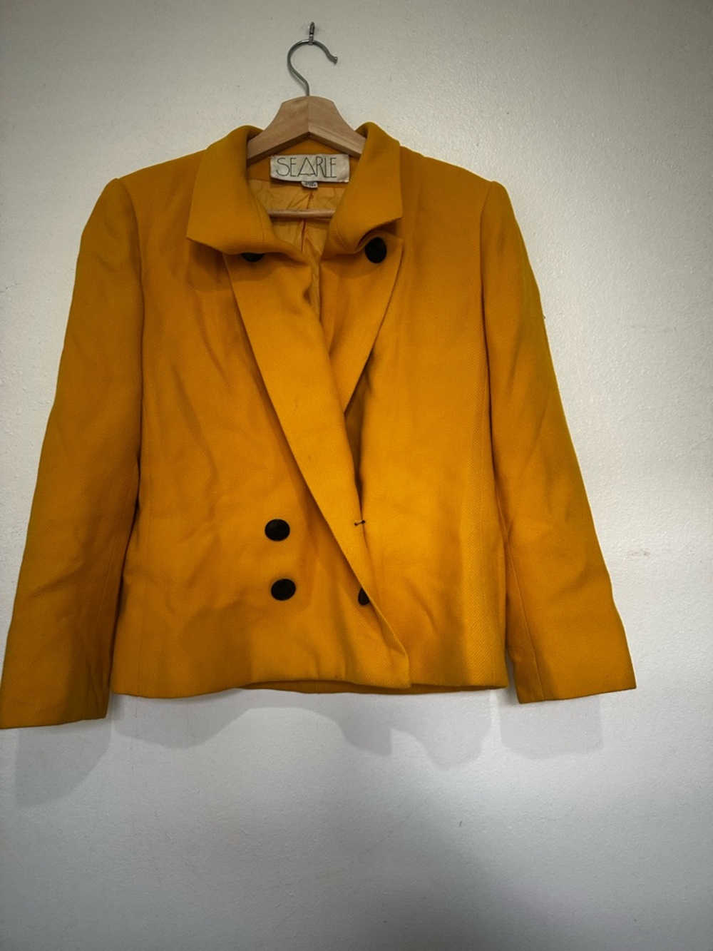 SEARLE Women's Mustard Double-Breasted Blazer with Black Buttons